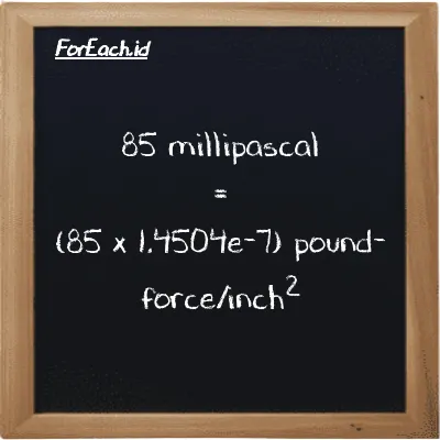 How to convert millipascal to pound-force/inch<sup>2</sup>: 85 millipascal (mPa) is equivalent to 85 times 1.4504e-7 pound-force/inch<sup>2</sup> (lbf/in<sup>2</sup>)